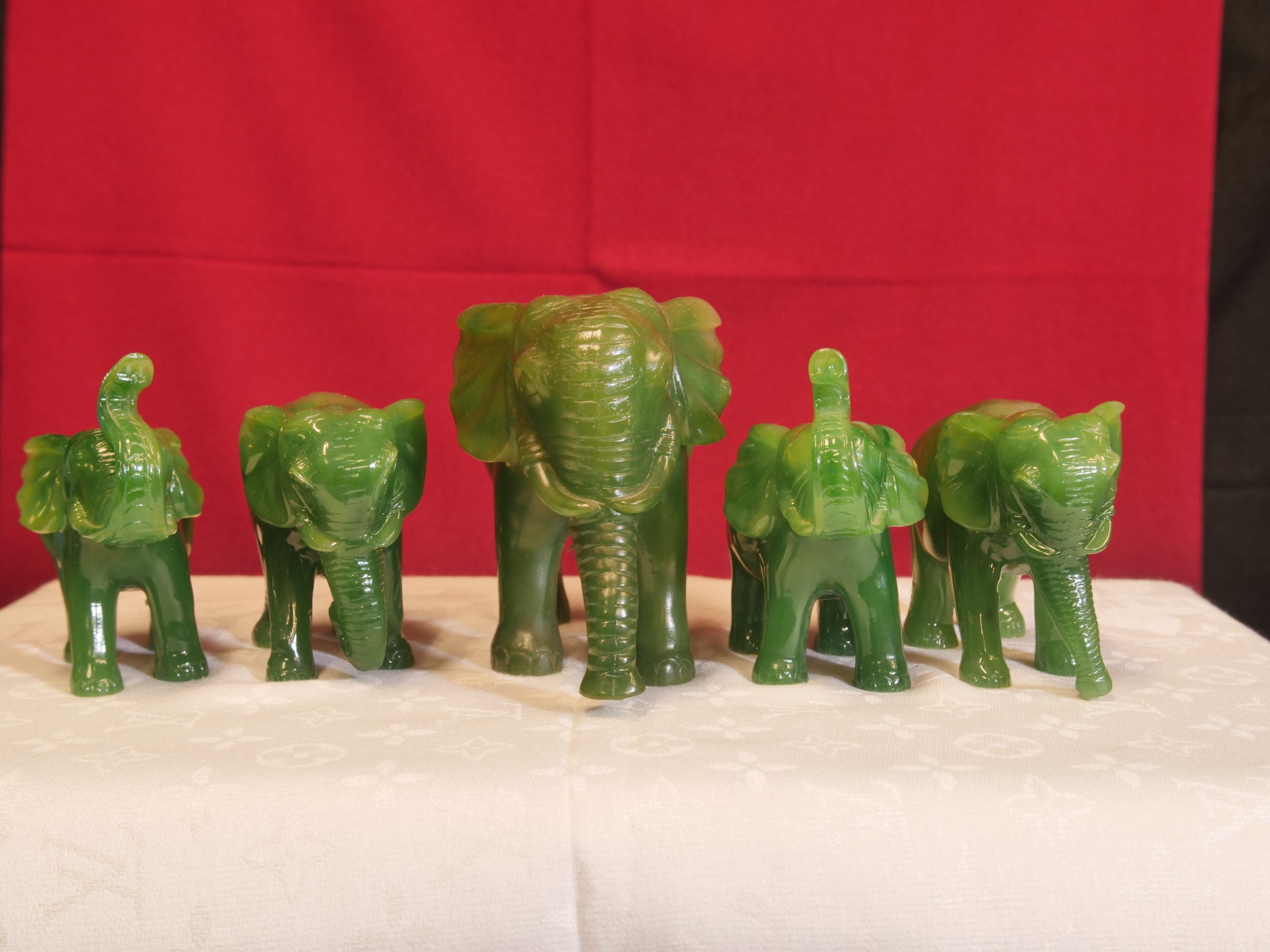 Jade-Colored Elephant Family of 5 – Wooden Sculpture